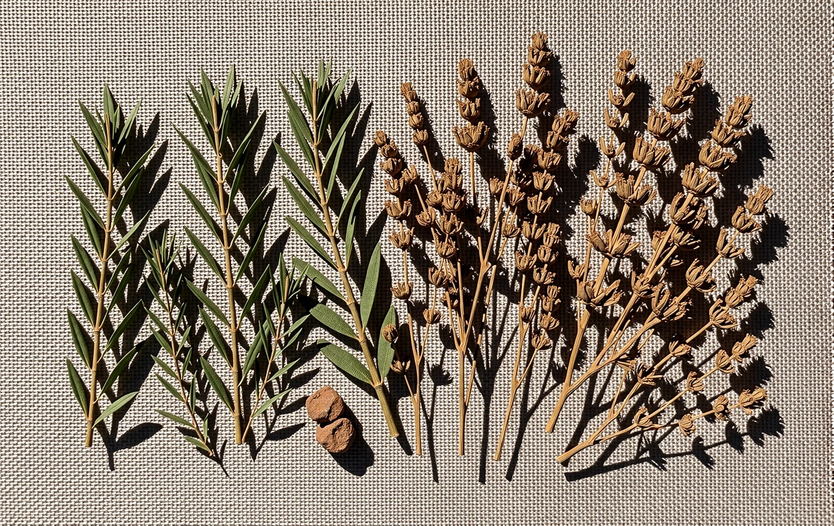 Detalle botánico de hierbas silvestres sobre lino